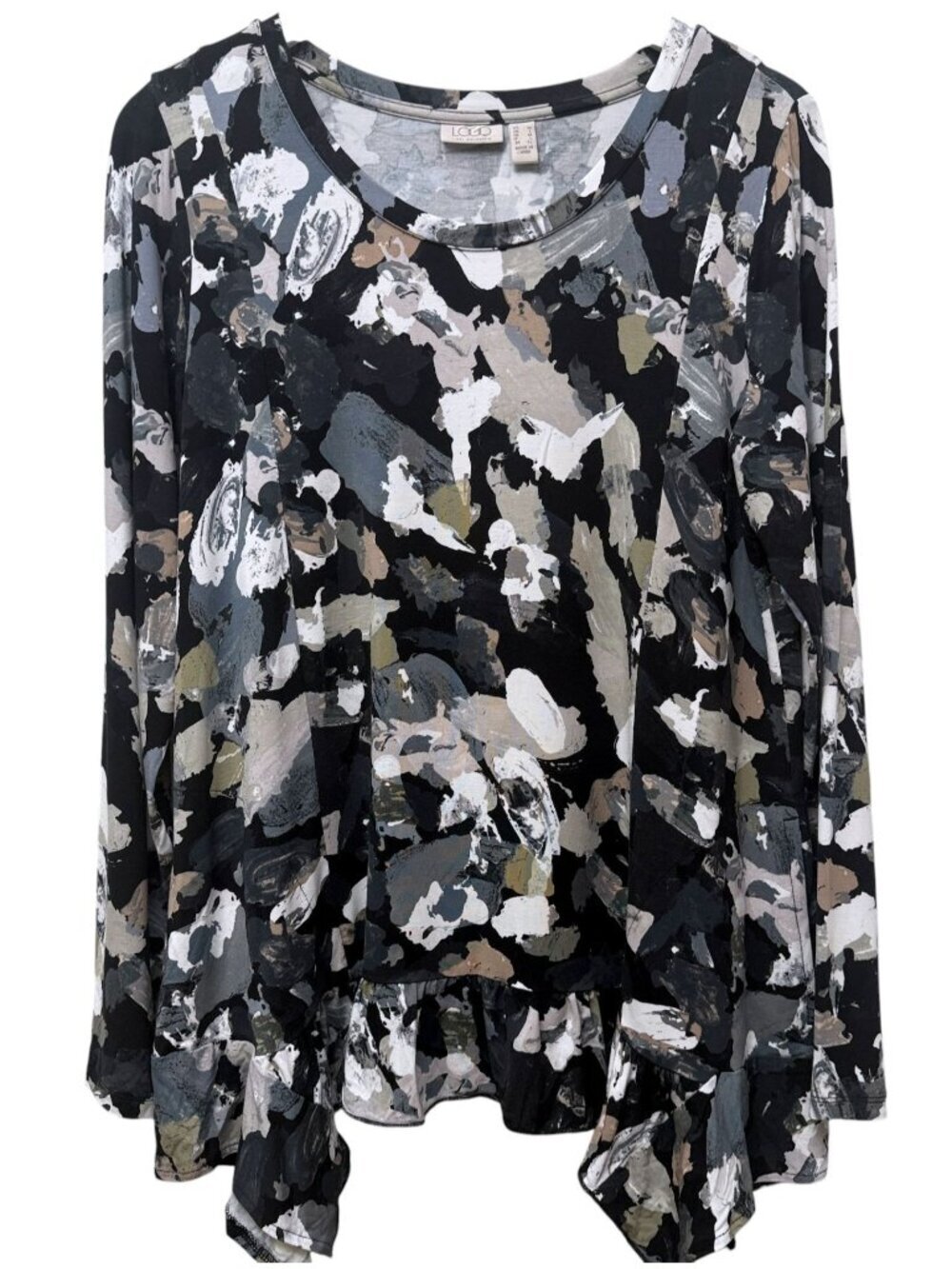 LOGO by Lori Goldstein Tunic Tee Medium Black Floral Ruffle Hem Pockets NWOT